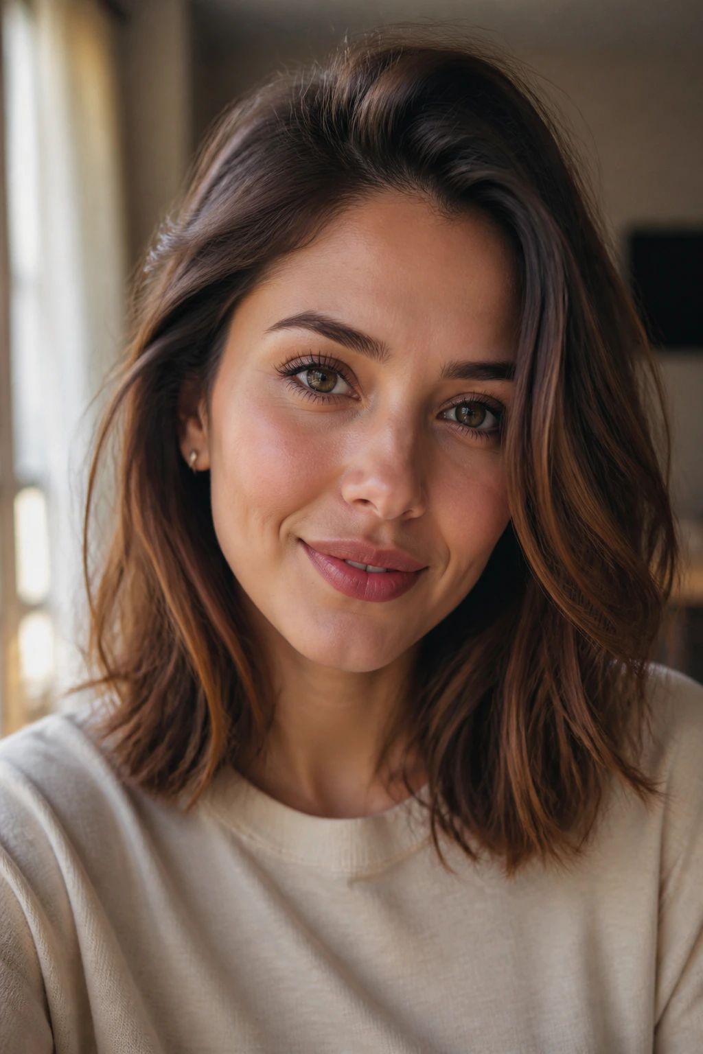 Portrait of a person with shoulder-length hair styled to frame the face