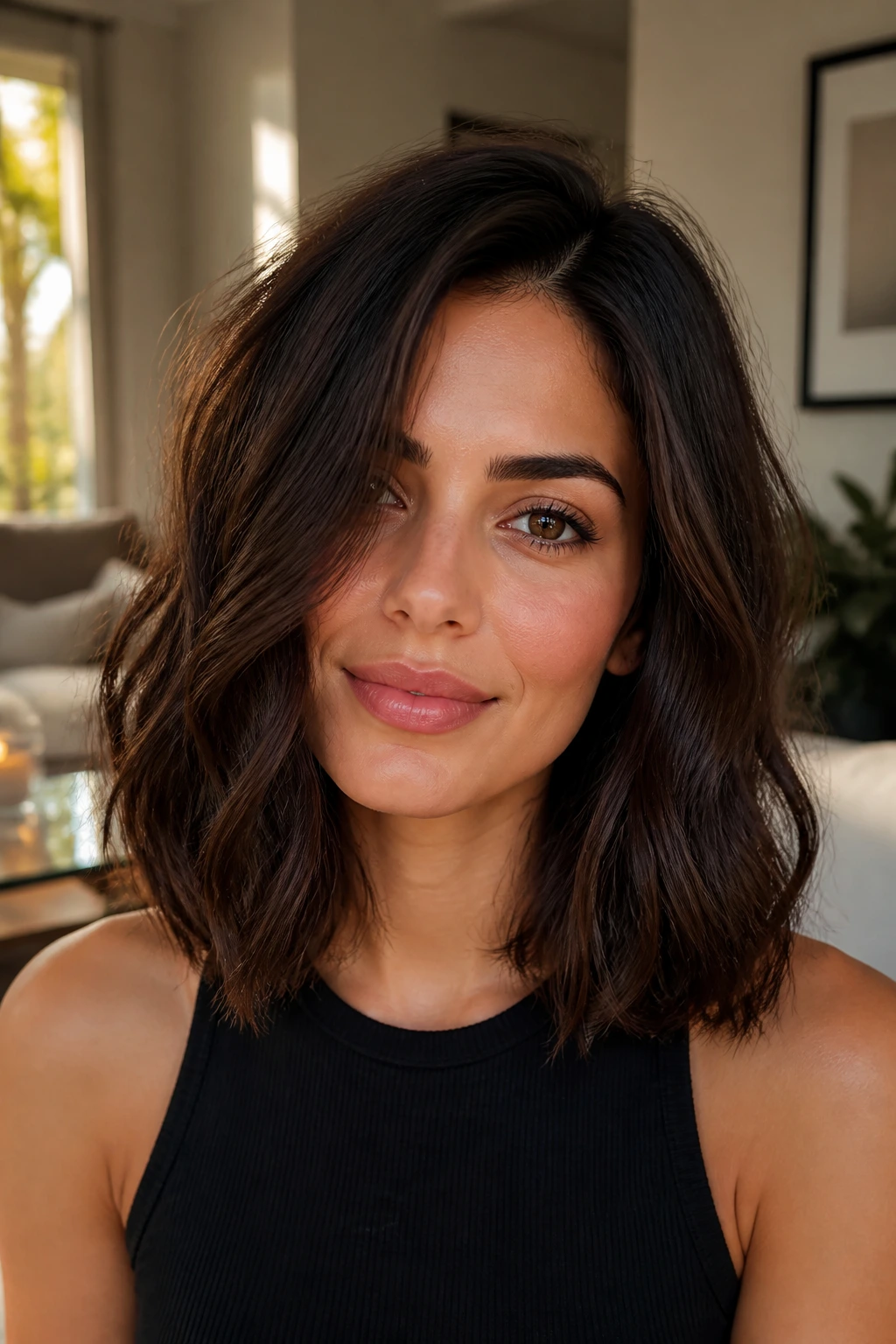 Real person with thick shoulder-length hair, showing balanced weight