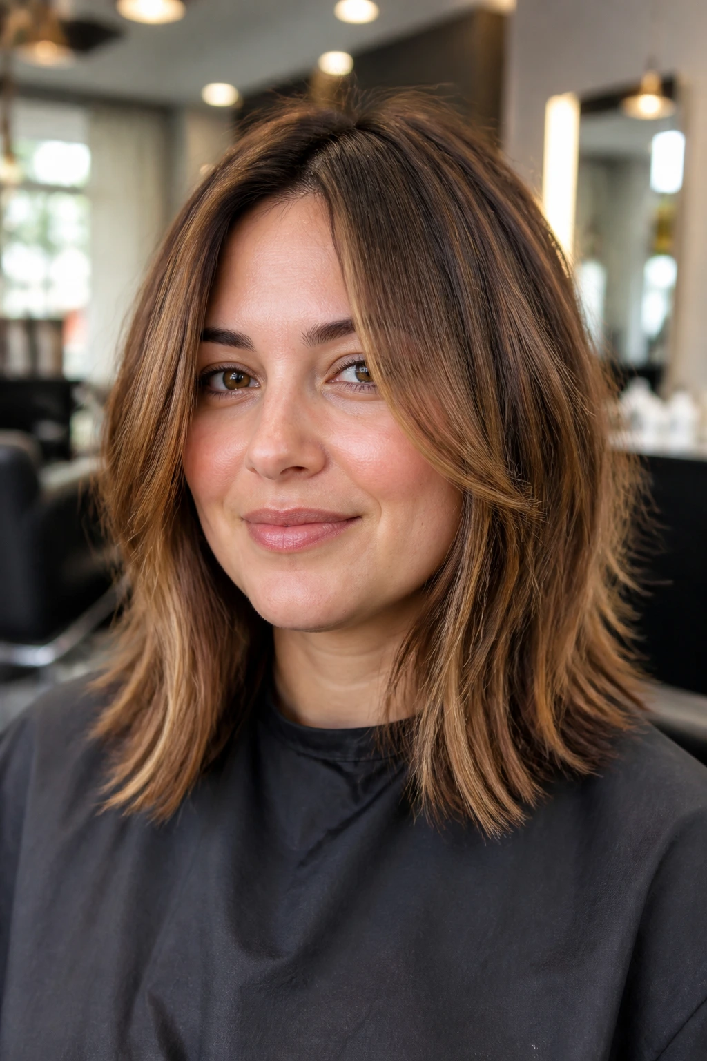Close-up of a woman in a salon chair with shoulder-length cut and face-framing pieces