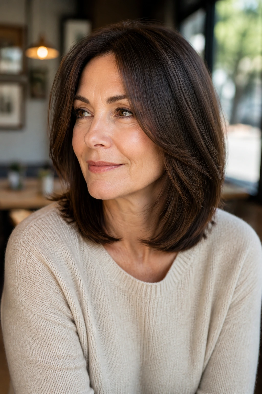 Close-up of a real person with a shoulder-length cut and invisible layers in natural light.