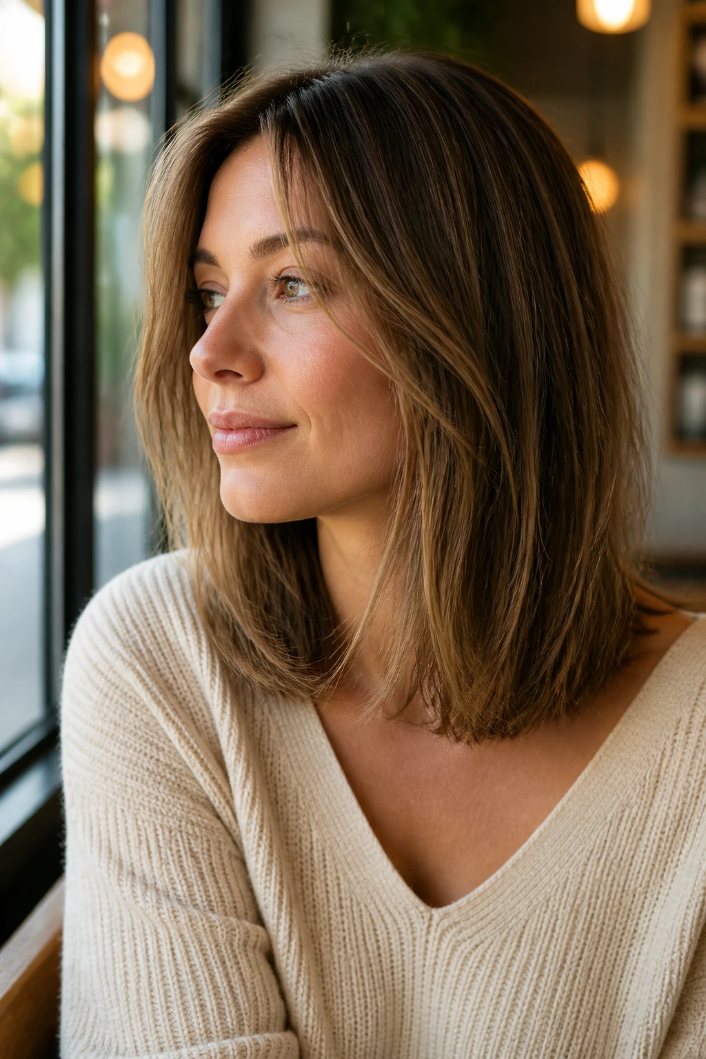 Real woman with shoulder-length hair featuring invisible layers.