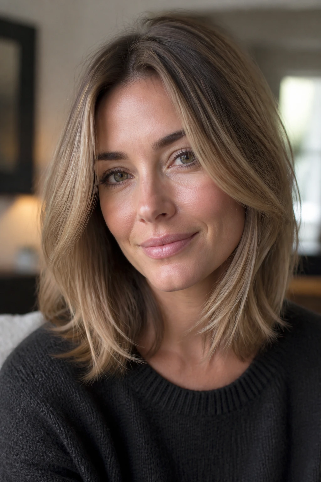 Real woman with shoulder-length hair and invisible layers in living room light