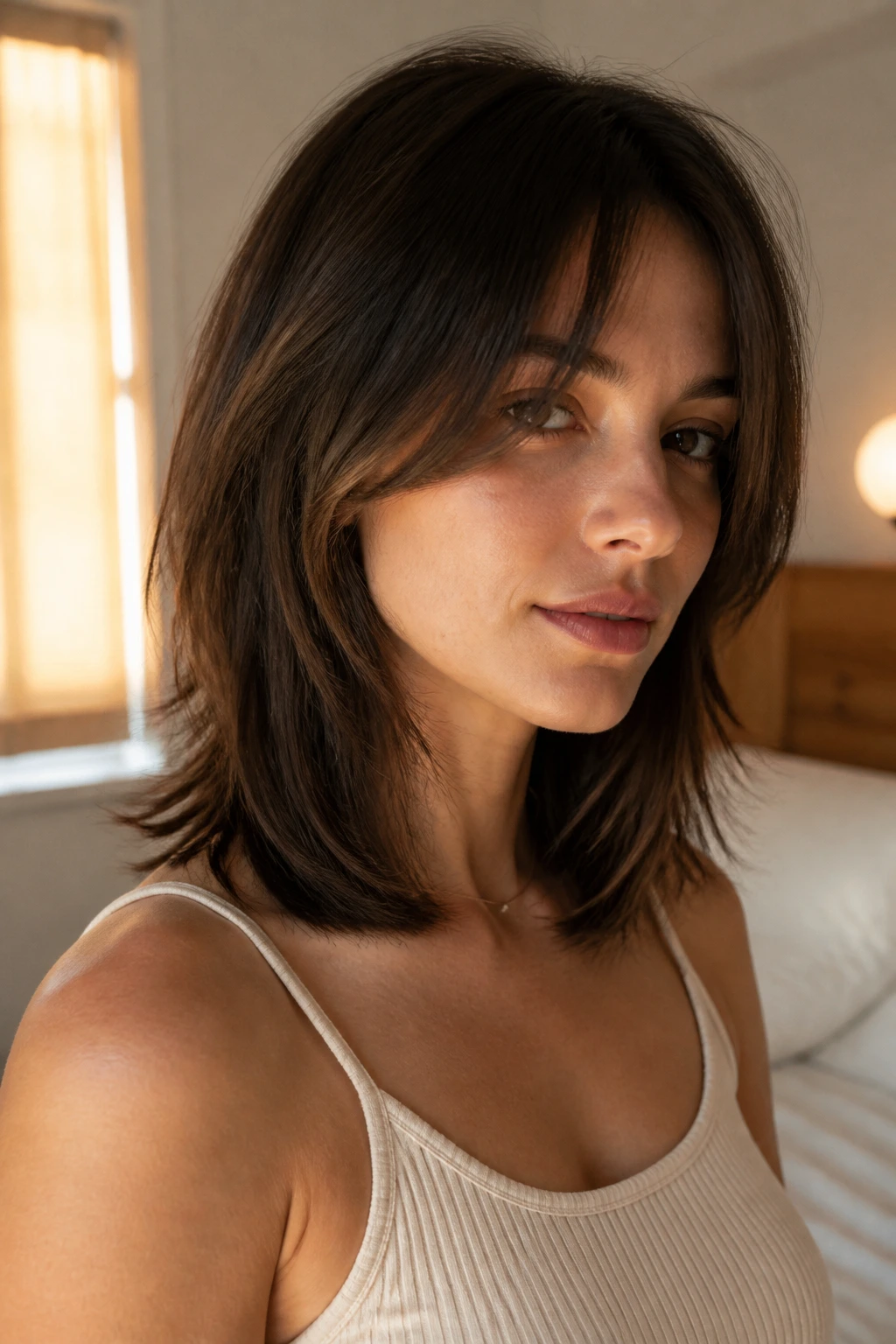 Close-up portrait of a real person with shoulder-length hair and invisible interior layers creating soft movement