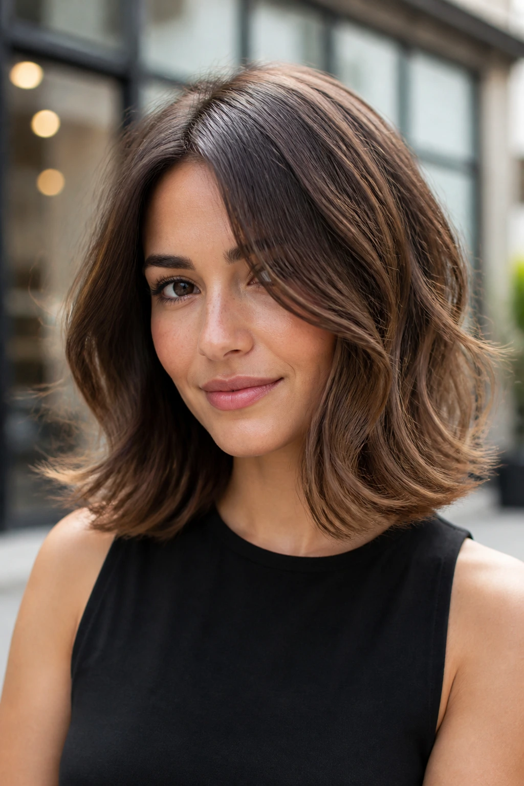 Close-up of a real woman with shoulder-length layered hair and flipped ends