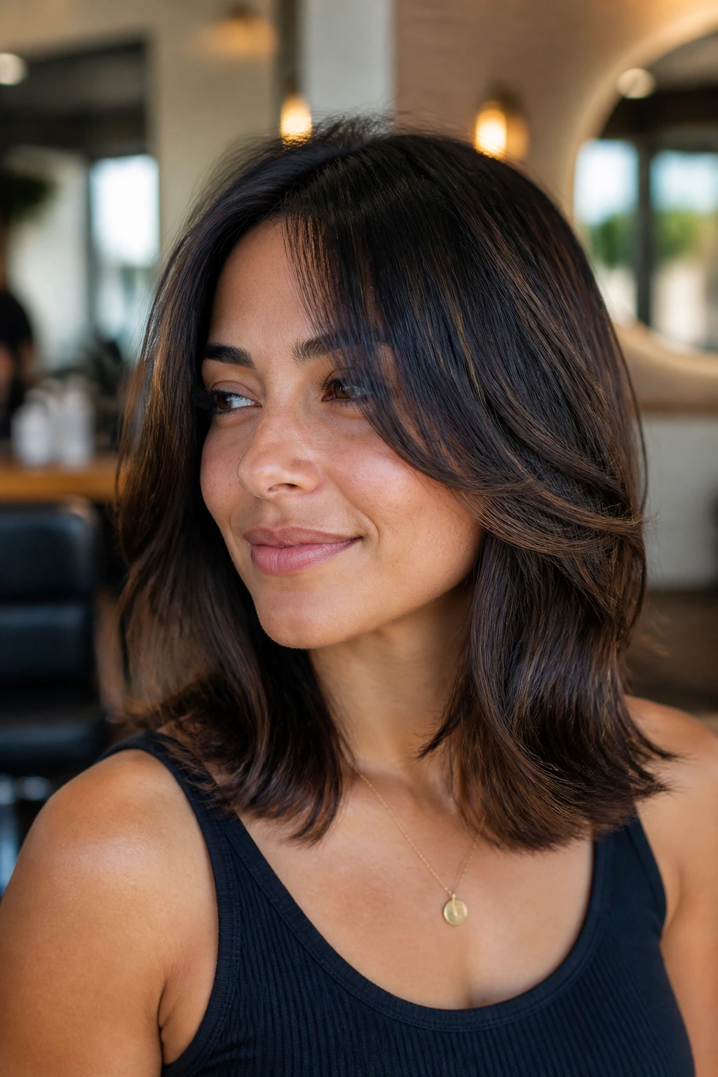Close-up portrait of a real person with shoulder-length layered haircut showing movement