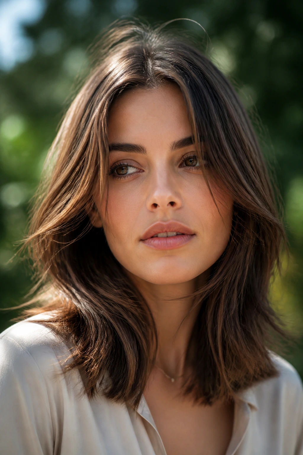 Portrait of a person with a shoulder-length layered hairstyle in a park
