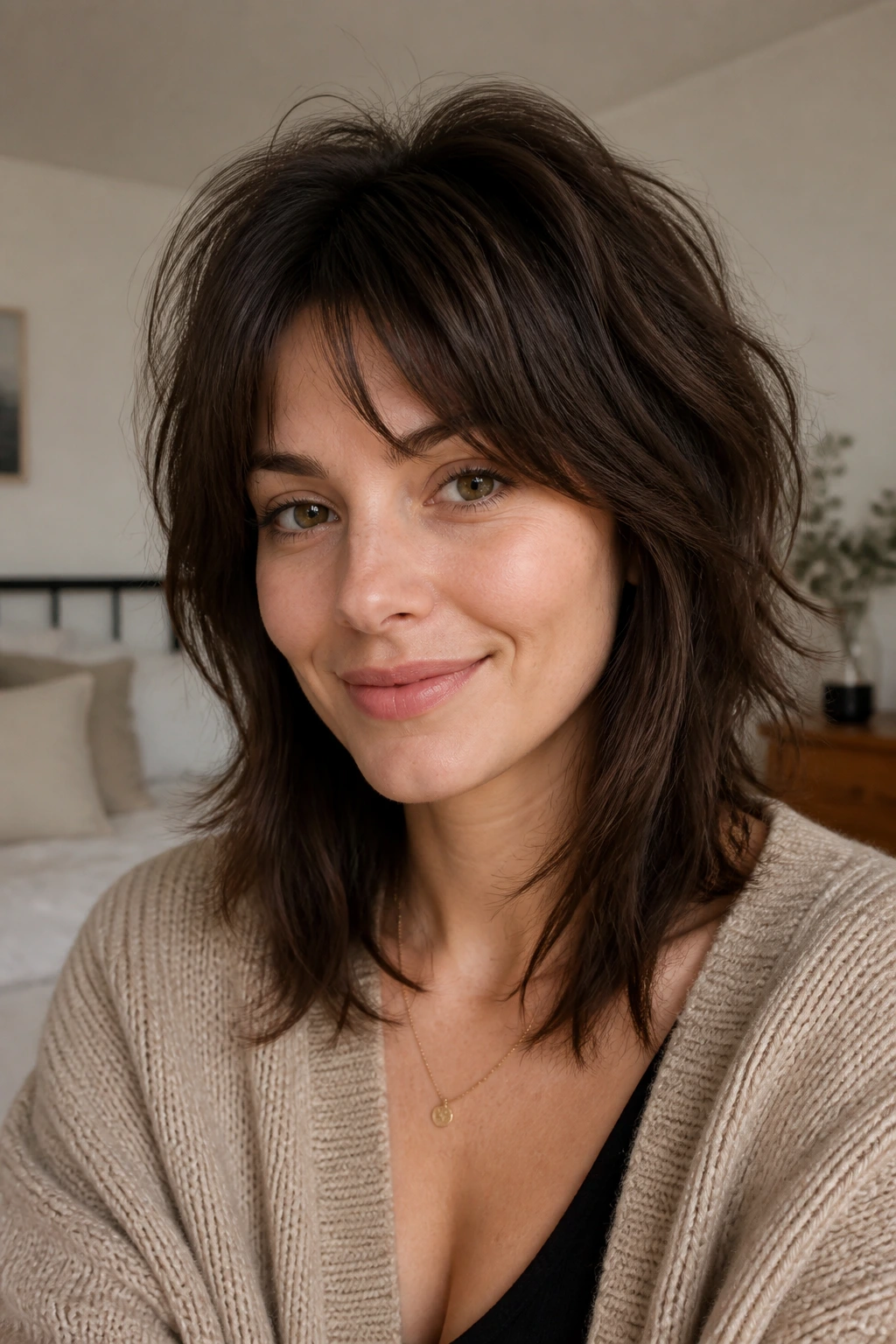 Portrait of a woman with shoulder-length layered shag showing lifted crown and diagonal face framing.