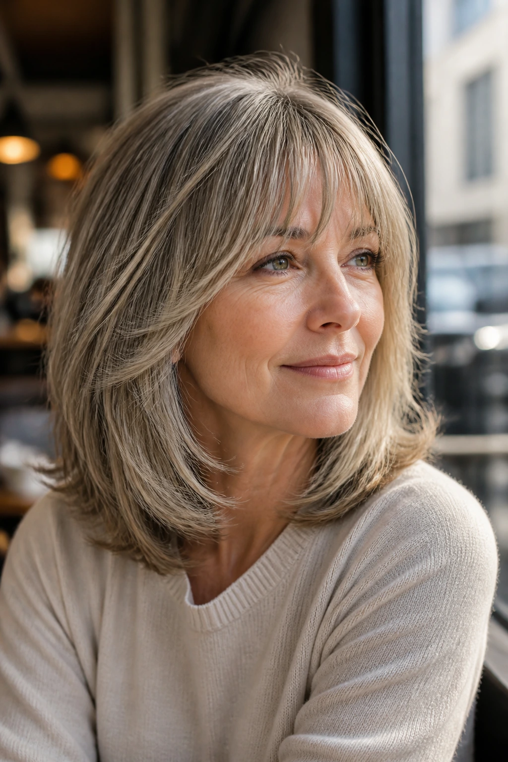 Portrait of a woman with shoulder-length layered hair and soft, feathered bangs.