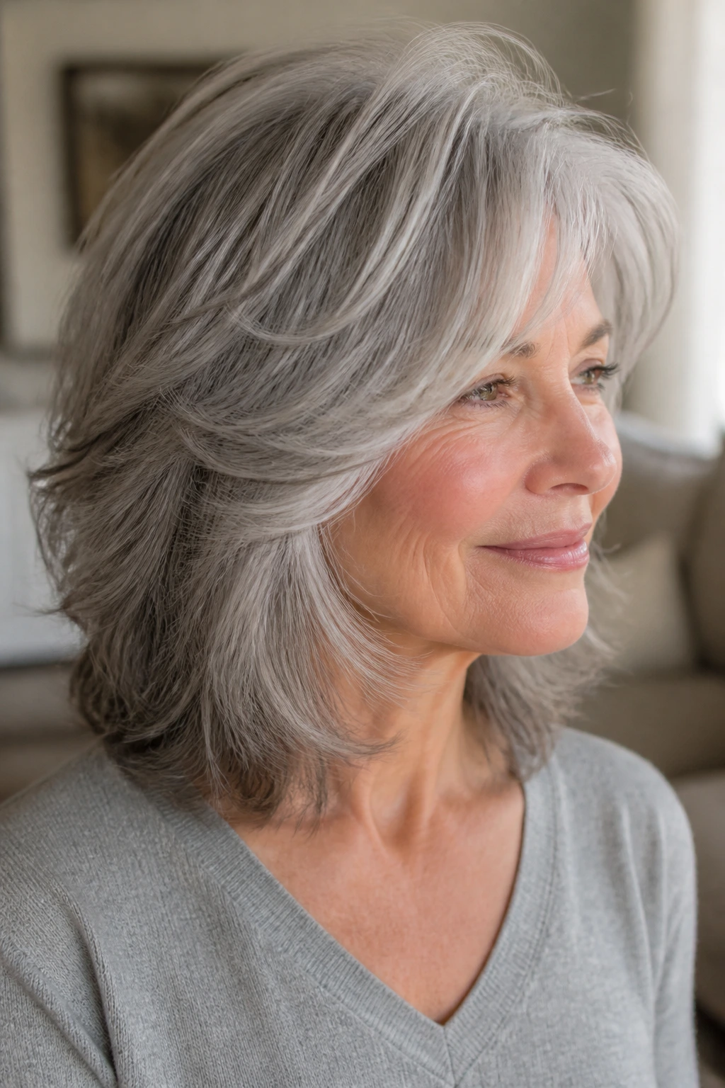 Real woman with shoulder-length feathered layers