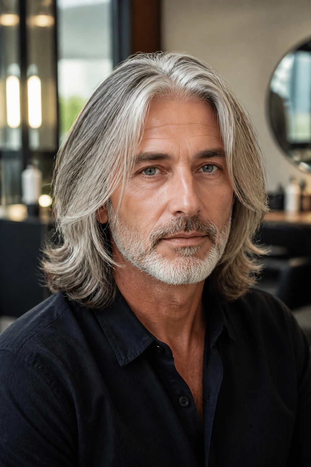 Close-up portrait of a man with shoulder-length layered gray hair in a warm salon
