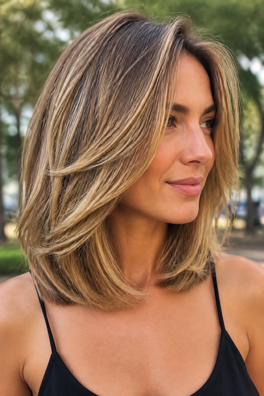 Portrait of a real woman with shoulder-length layered hair showing movement