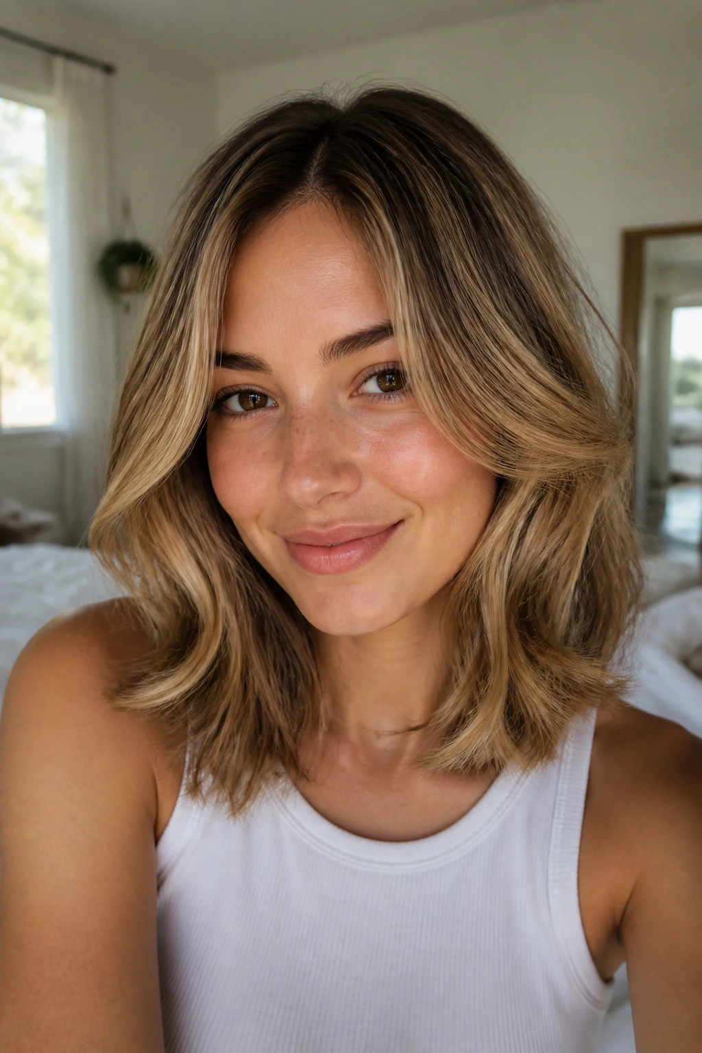 Close-up portrait of a real woman with shoulder-length layered hair in natural window light