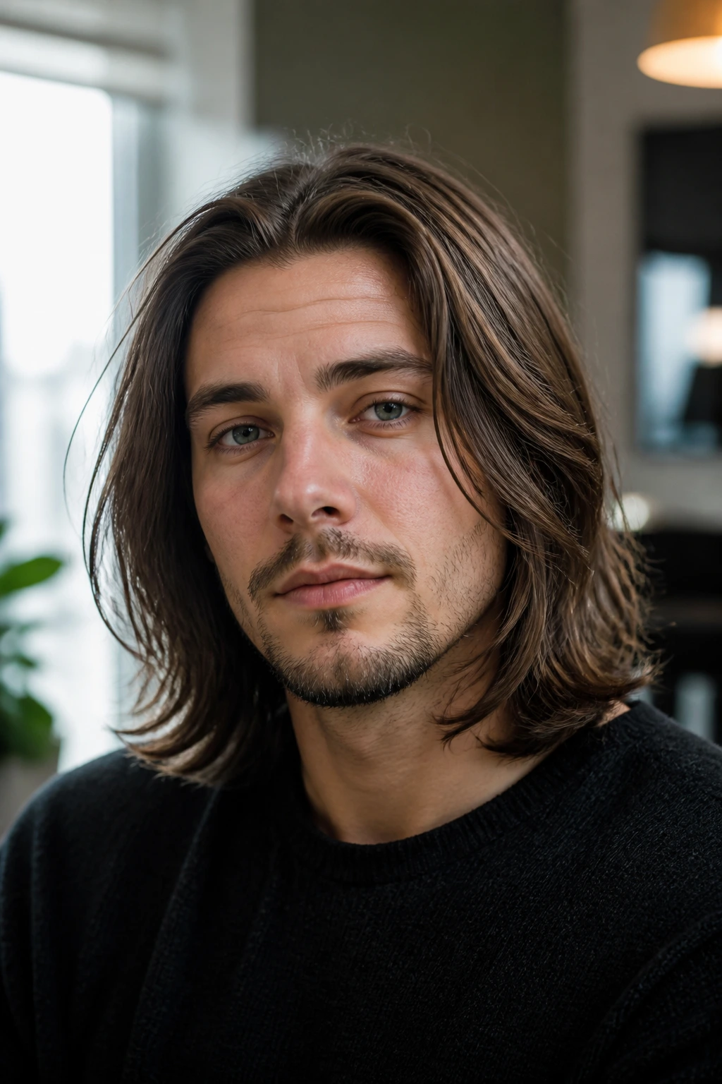 Close-up portrait of man with shoulder-length layered haircut showing movement