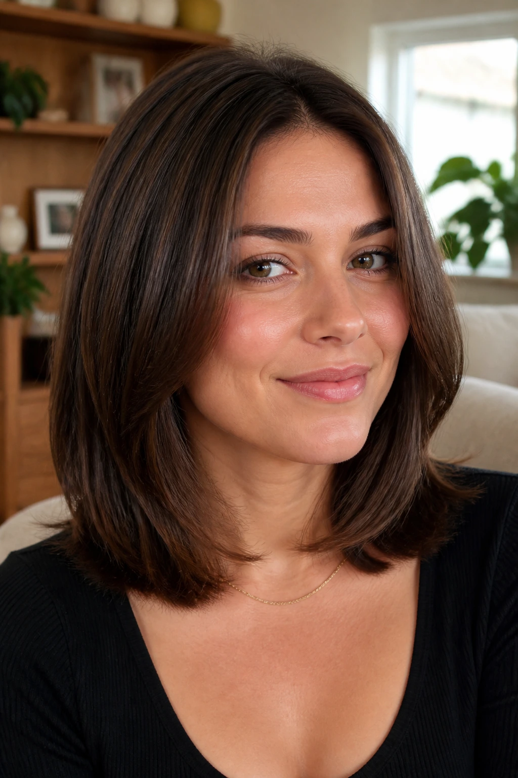 Close-up portrait of a real person with shoulder-length layers and smooth outer silhouette in warm window light