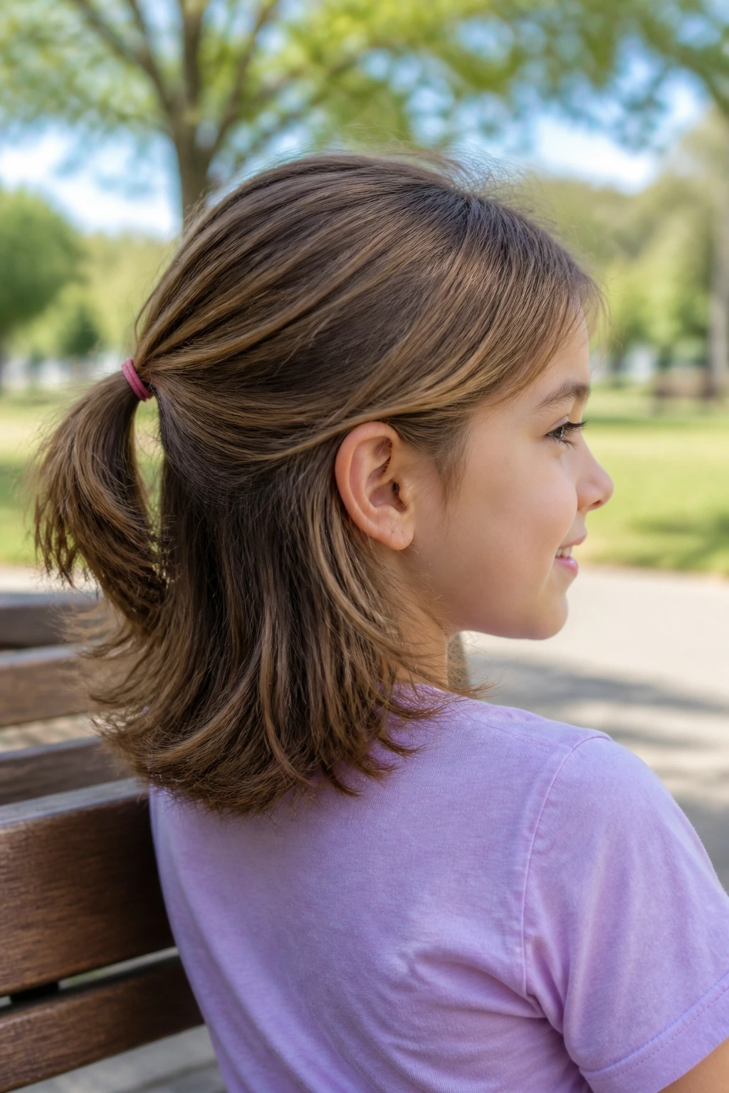 Child with shoulder-length layered hair and ponytail outdoors
