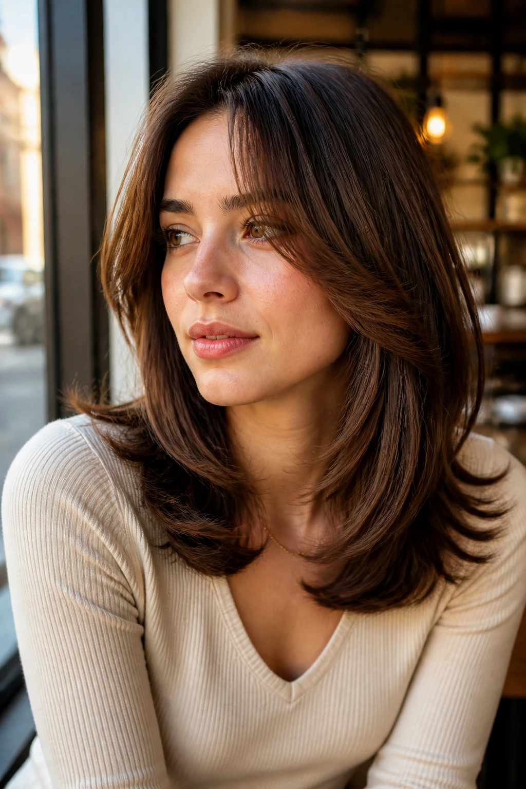 Real person with shoulder-length layers and soft flip by cafe window