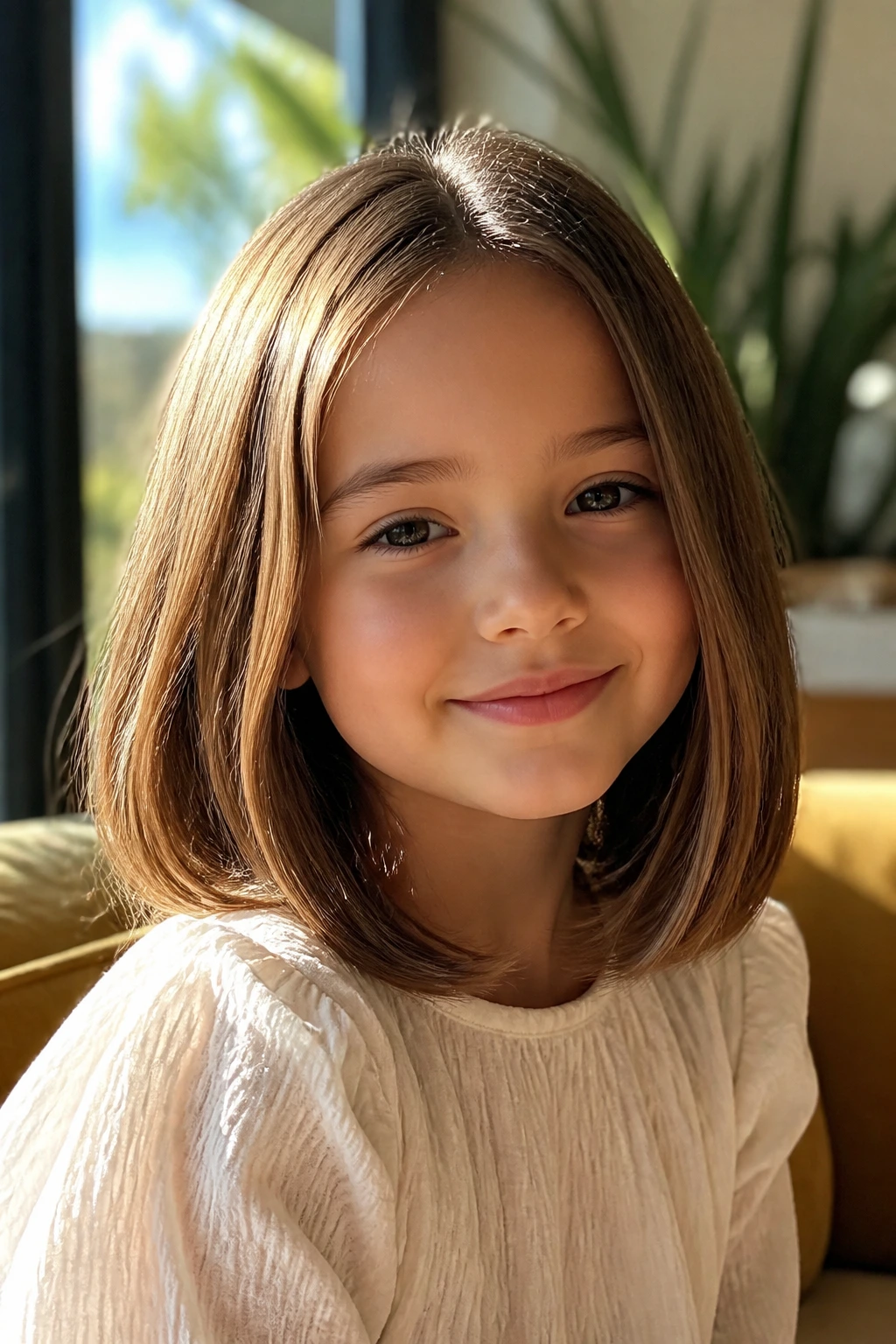 Close-up of a real girl with shoulder-length lob hairstyle