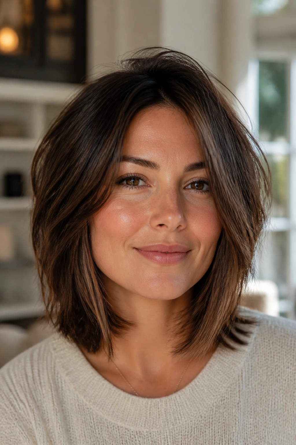 Portrait of a real person with a shoulder-length lob showing hairstyle variations