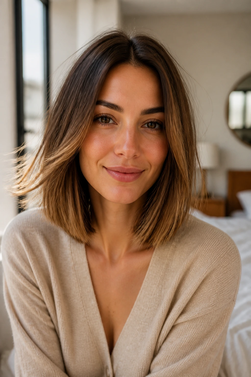 Portrait of a woman with a shoulder-length blunt lob and minimal layers in warm natural light