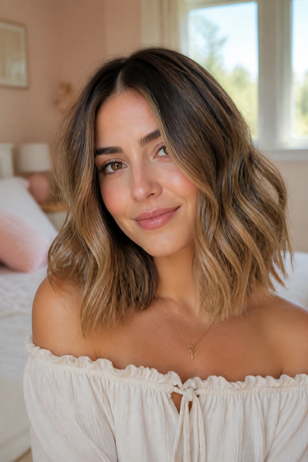 Close-up of a woman with shoulder-length wavy lob hairstyle in warm sunlit bedroom