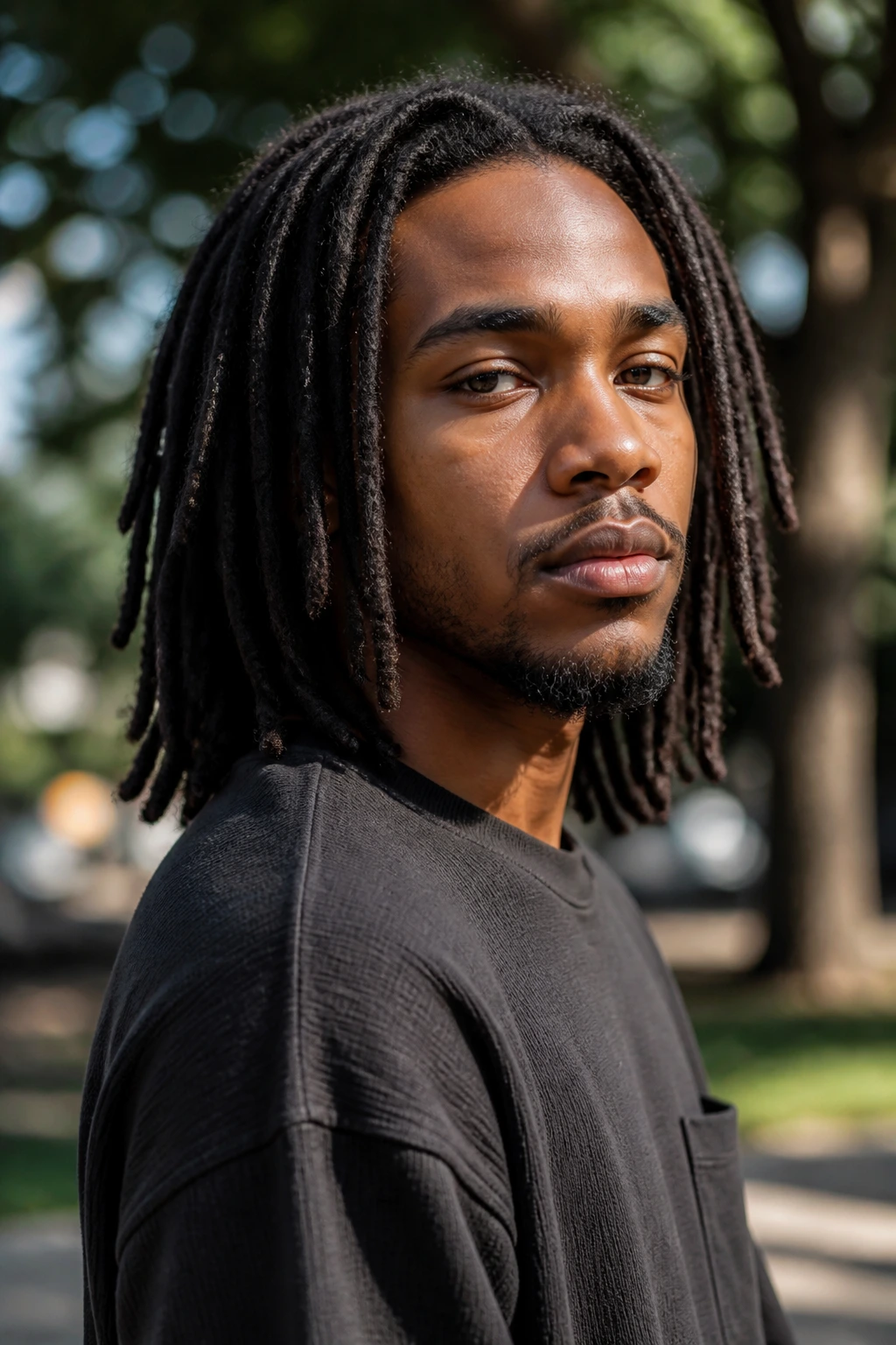 Portrait of a man with shoulder-length free-hanging locs outdoors.