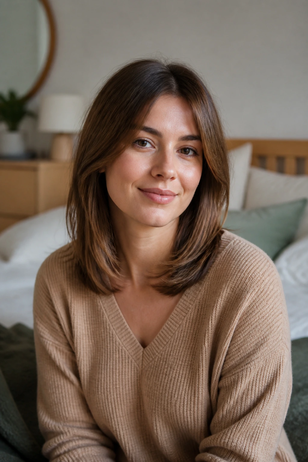 Portrait of a person with fresh shoulder-length hair at home