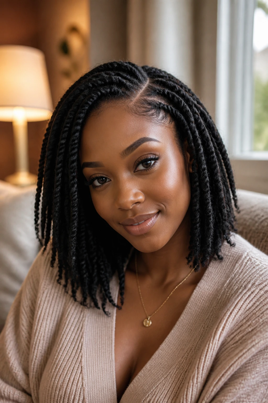 Shoulder-length Marley twists with side part on a real person, portrait