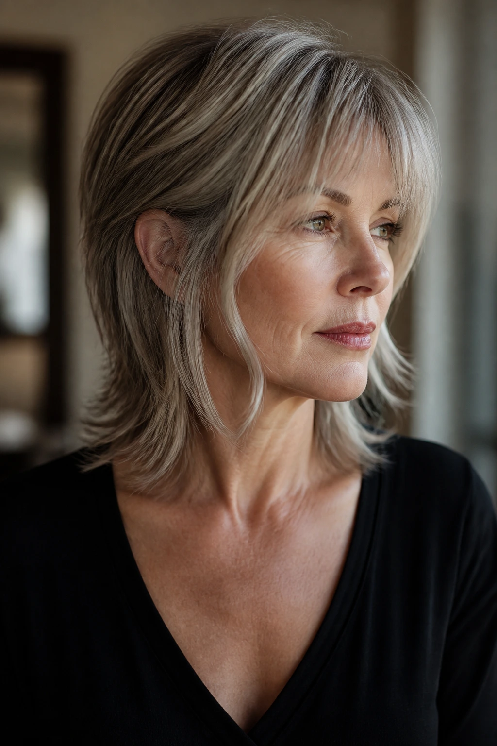 Close-up of a real woman with shoulder-length mullet and long framing pieces