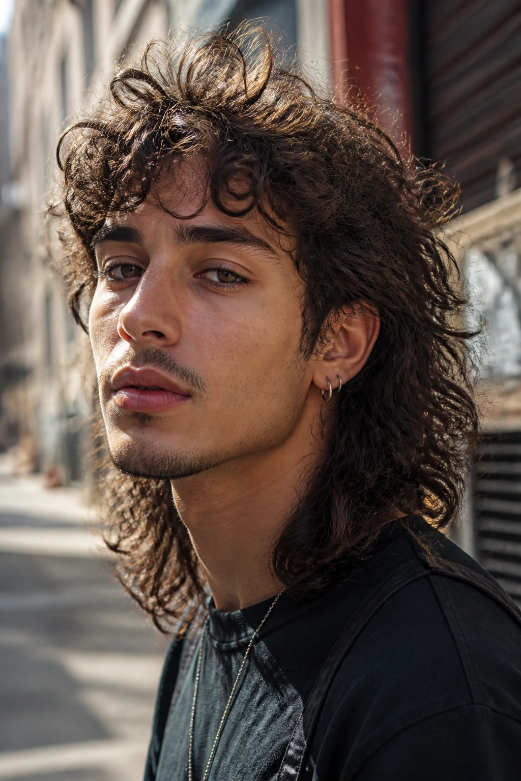 Real person with shoulder-length rebel curly mullet in outdoor urban setting.