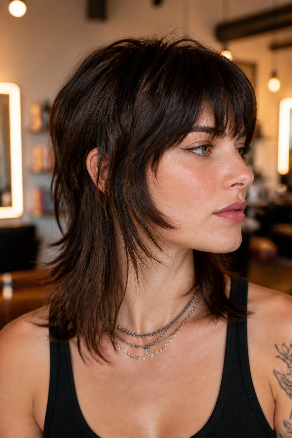 Close-up portrait of a real person with a shoulder-length mullet, highlighting shape and movement in a warm salon