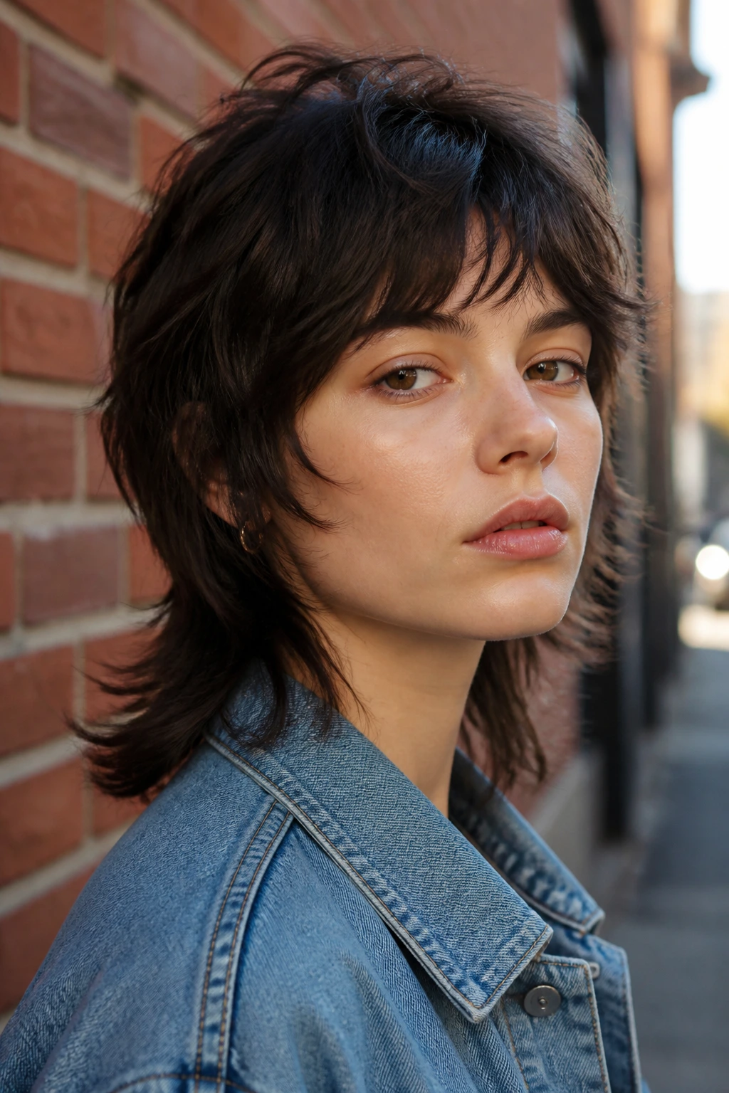 Close-up portrait of a real person with shoulder-length mullet texture in outdoor daylight