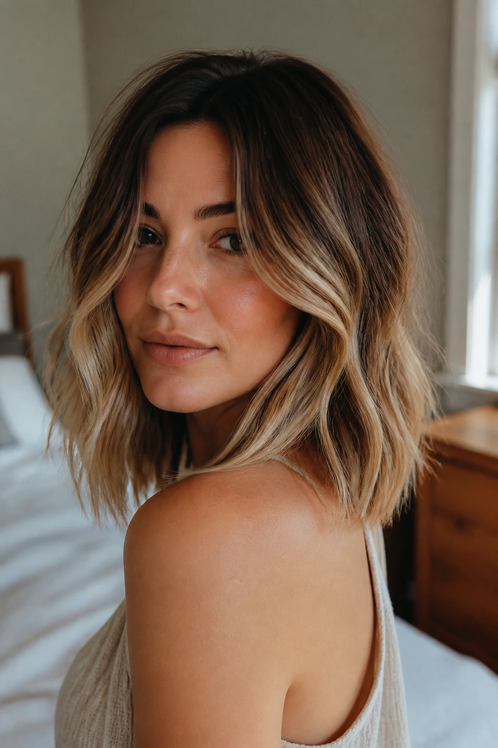 Close-up of shoulder-length ombre hair with soft blend and gloss