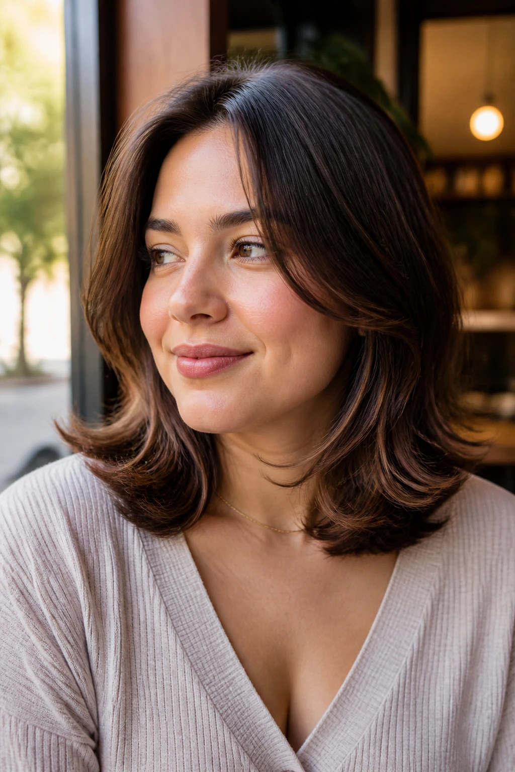 Medium close-up of a real woman with shoulder-length hair and outward-bent ends in a sunlit cafe setting.
