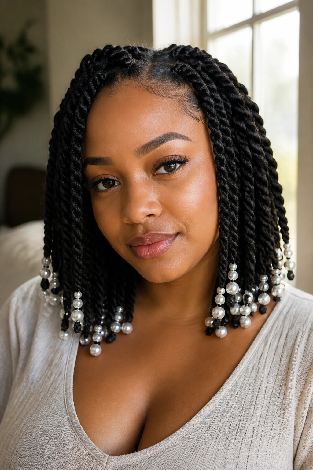 Close-up of shoulder-length passion twists with pearl beads on a real person.