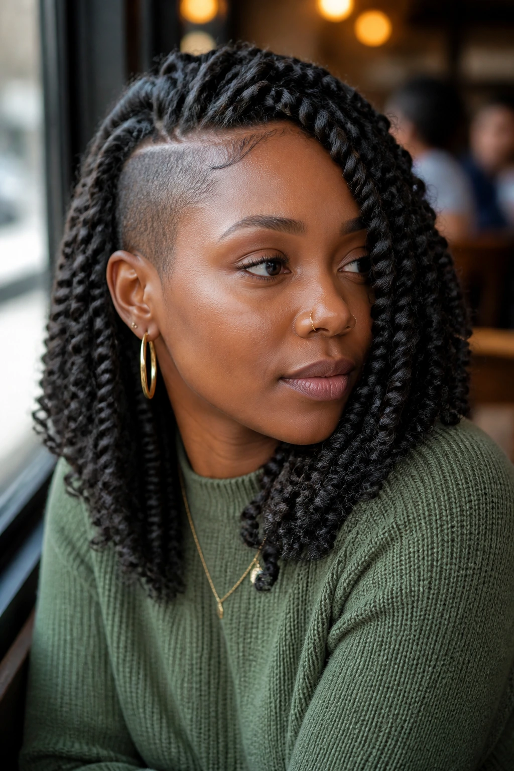 Close-up of shoulder-length passion twists with one side shaved