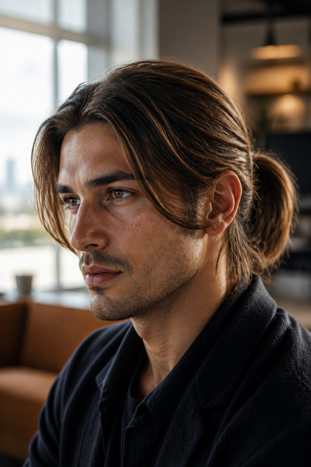Close-up of a real man with shoulder-length hair parted center and a back ponytail
