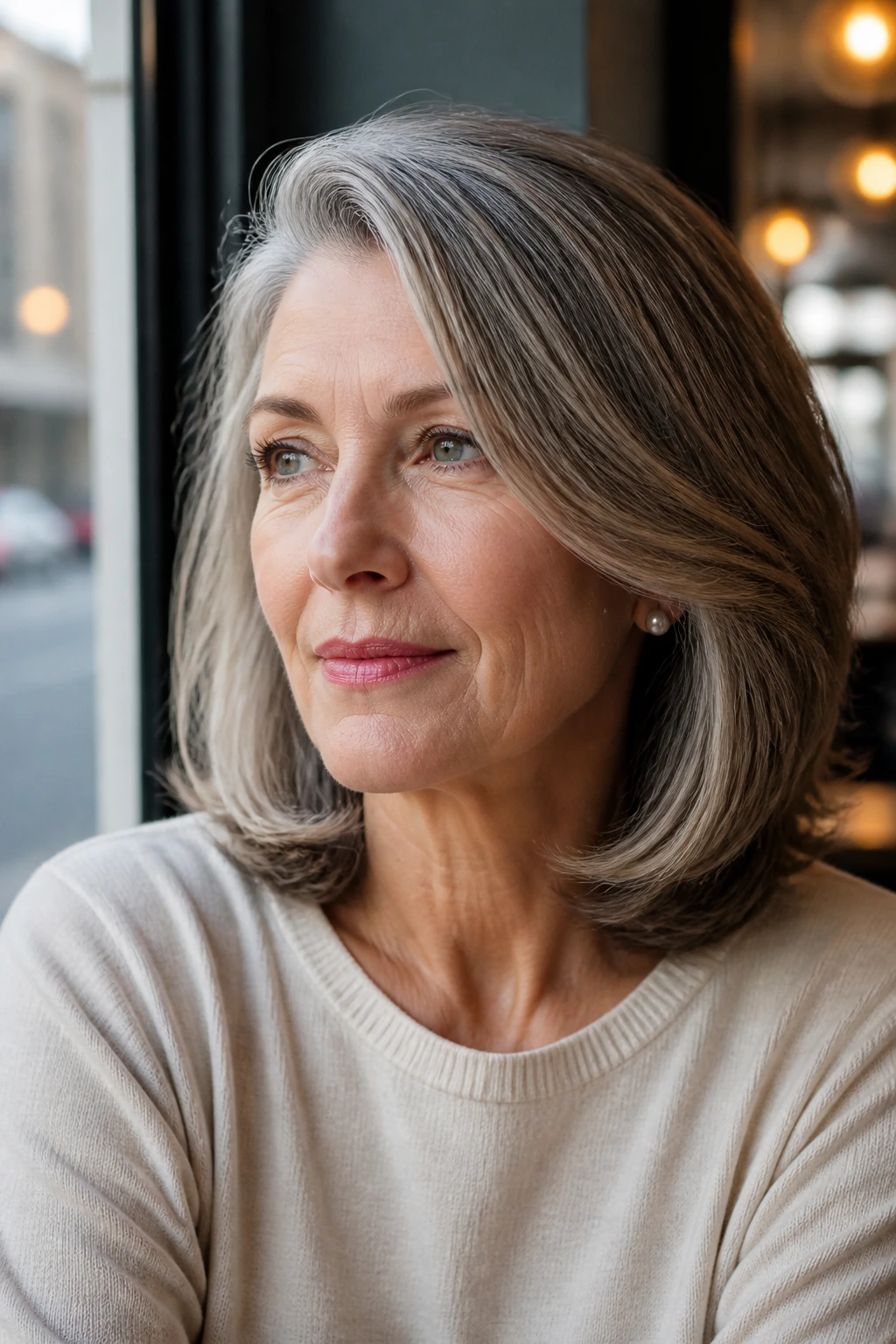 Close-up portrait of a real woman with shoulder-length retro bend in daylight