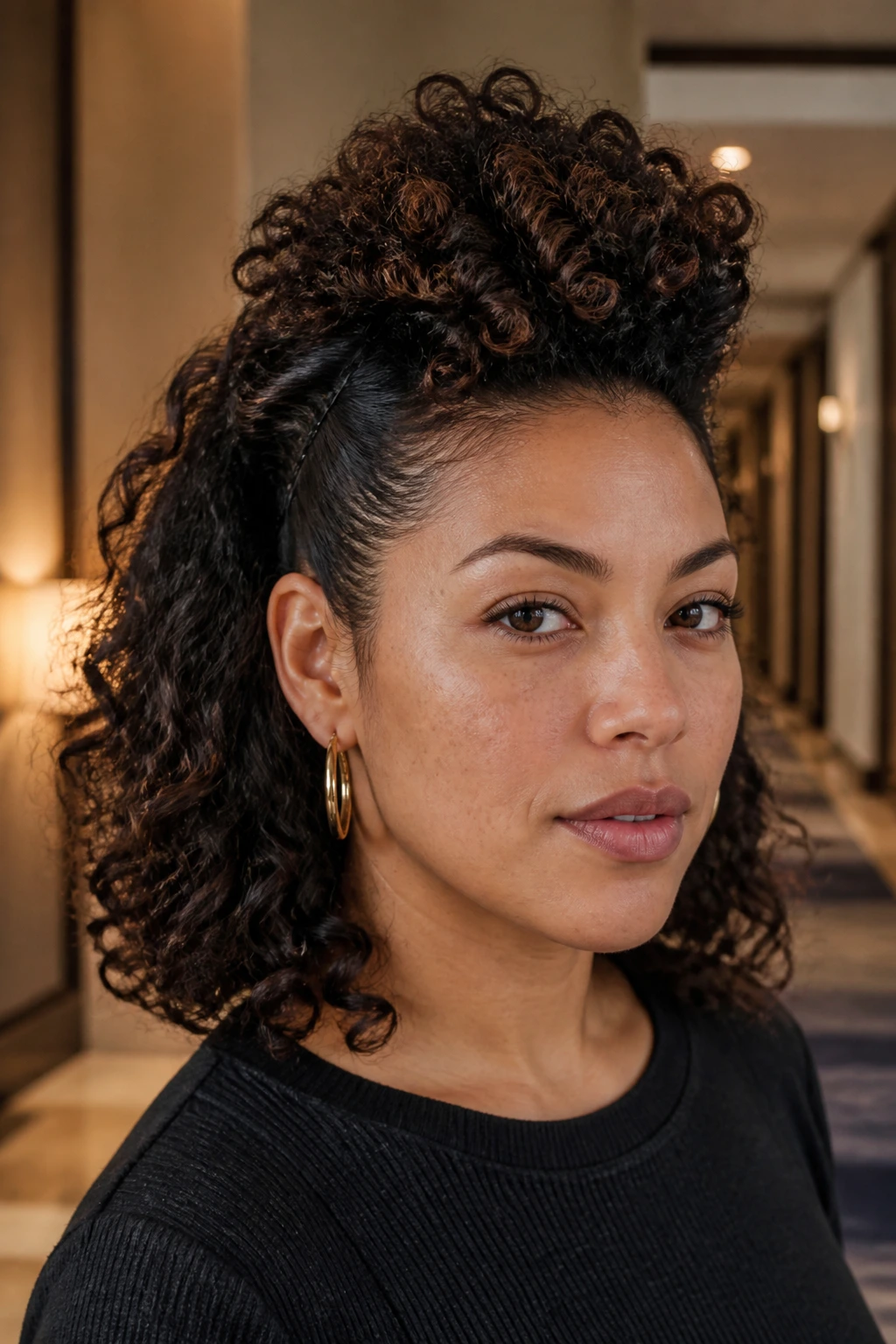Close-up portrait of a real person with shoulder-length roll-up hawk in a hotel hallway