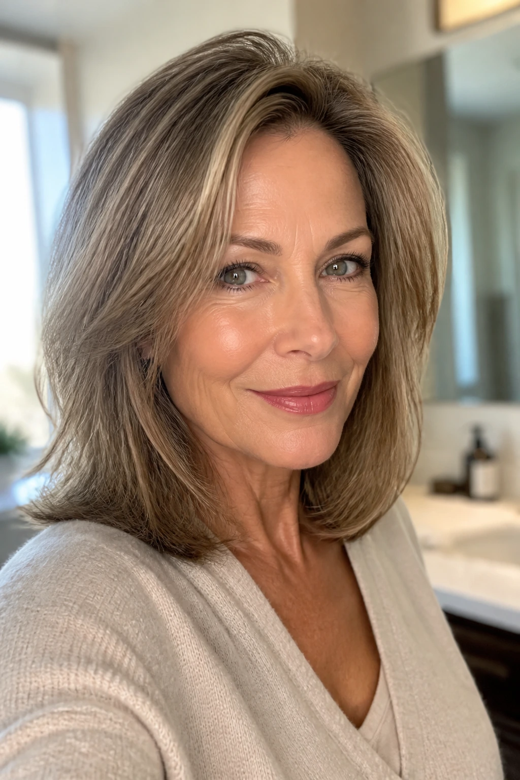 Shoulder-length hair styled for easy everyday routine with lift at crown.