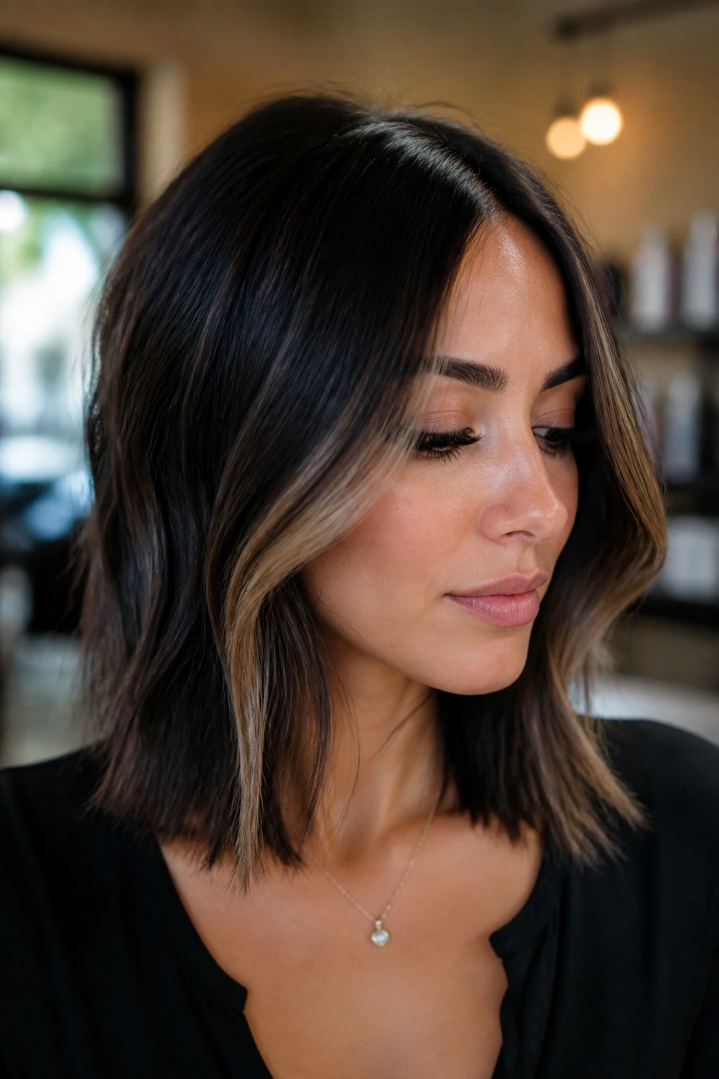Close-up of shoulder-length black hair with money piece and ribbons framing the face