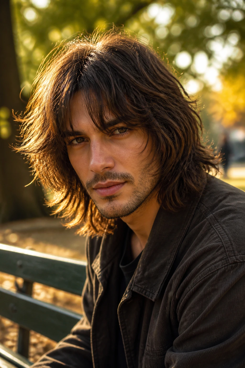 Portrait of man with shoulder-length shag hairstyle outdoors at golden hour