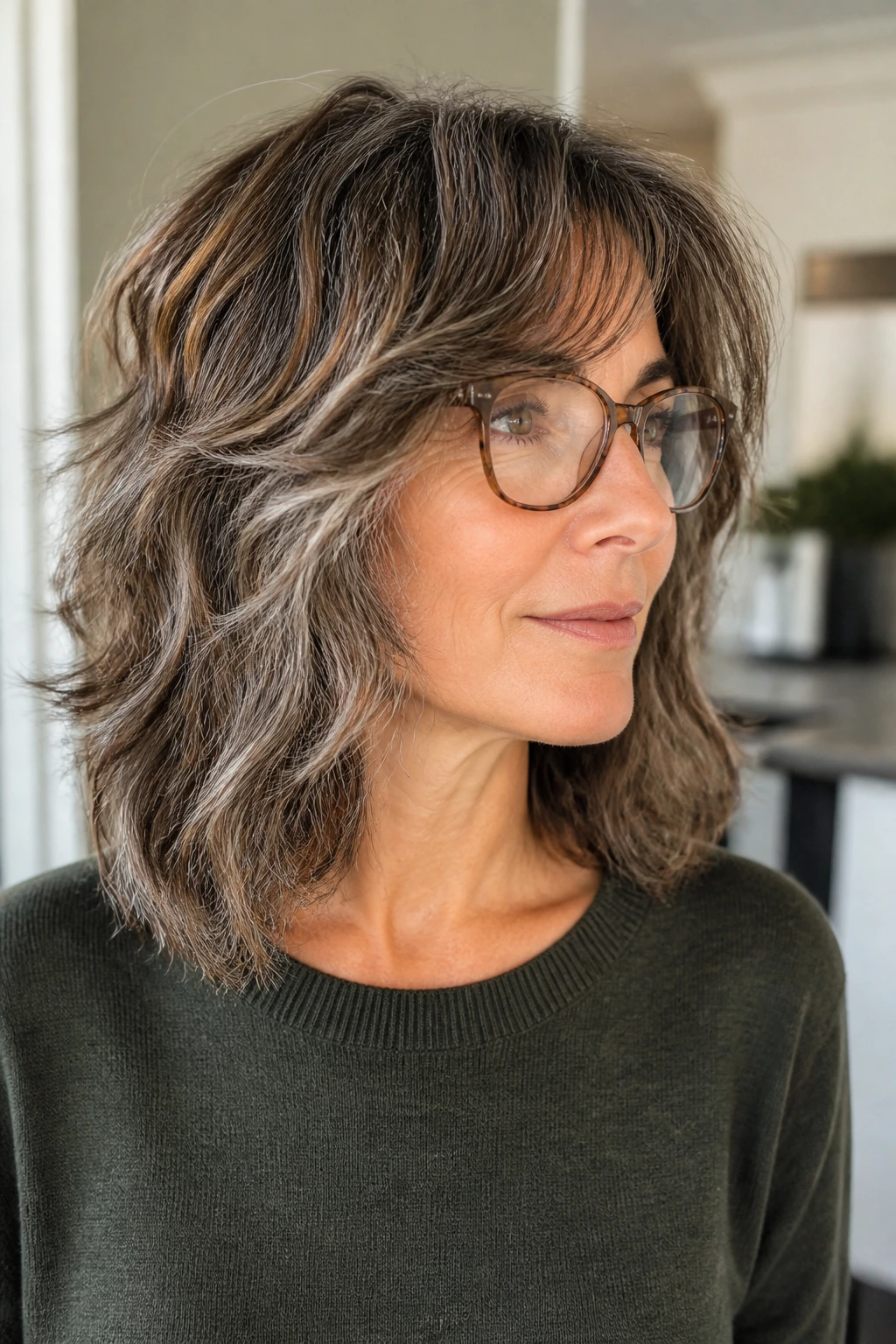 Close-up of shoulder-length shag with air-dried texture on a real woman