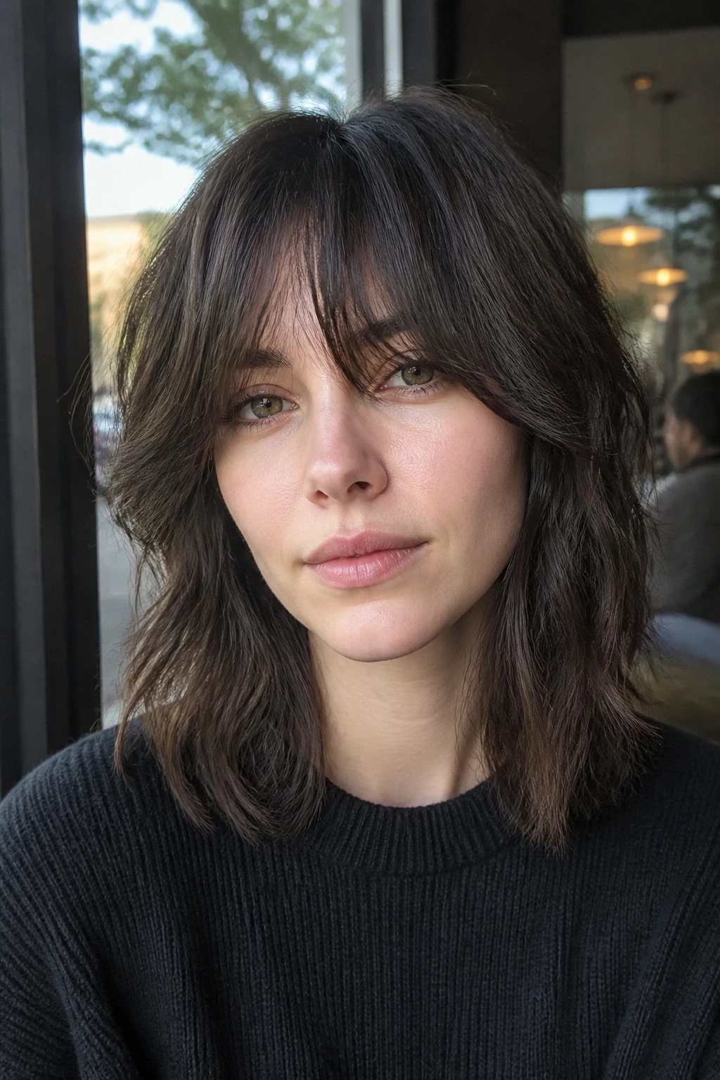 Close-up portrait of a real woman with shoulder-length shag and bottleneck bangs