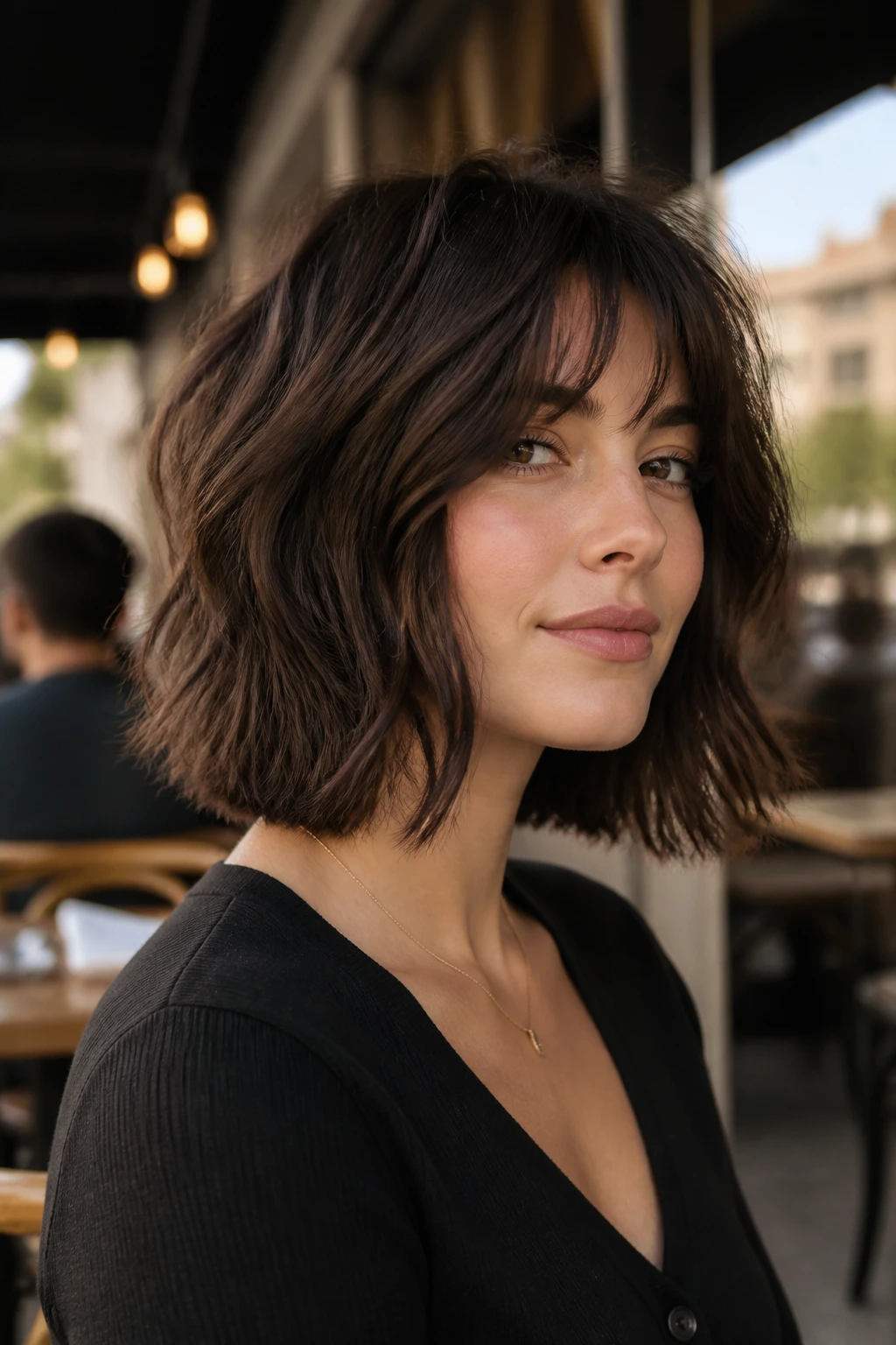 Close-up of a woman with shoulder-length shag bob showing blunt bottom and interior texture