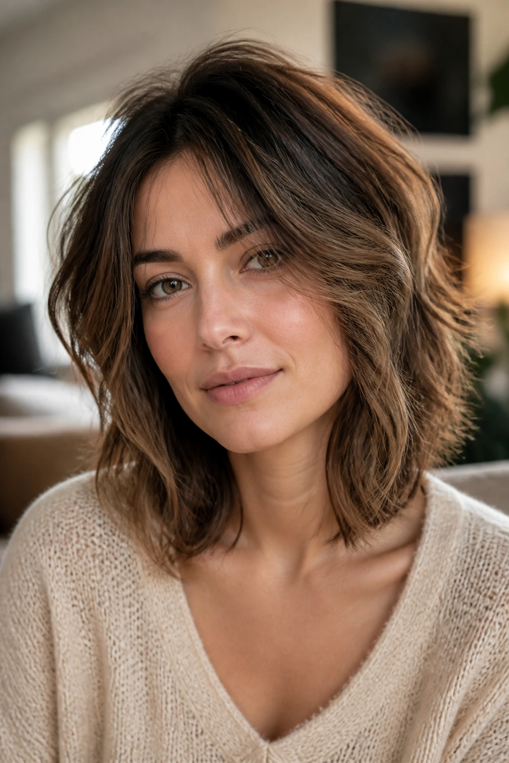 Close-up of a real woman with a shoulder-length shag and cheekbone layers