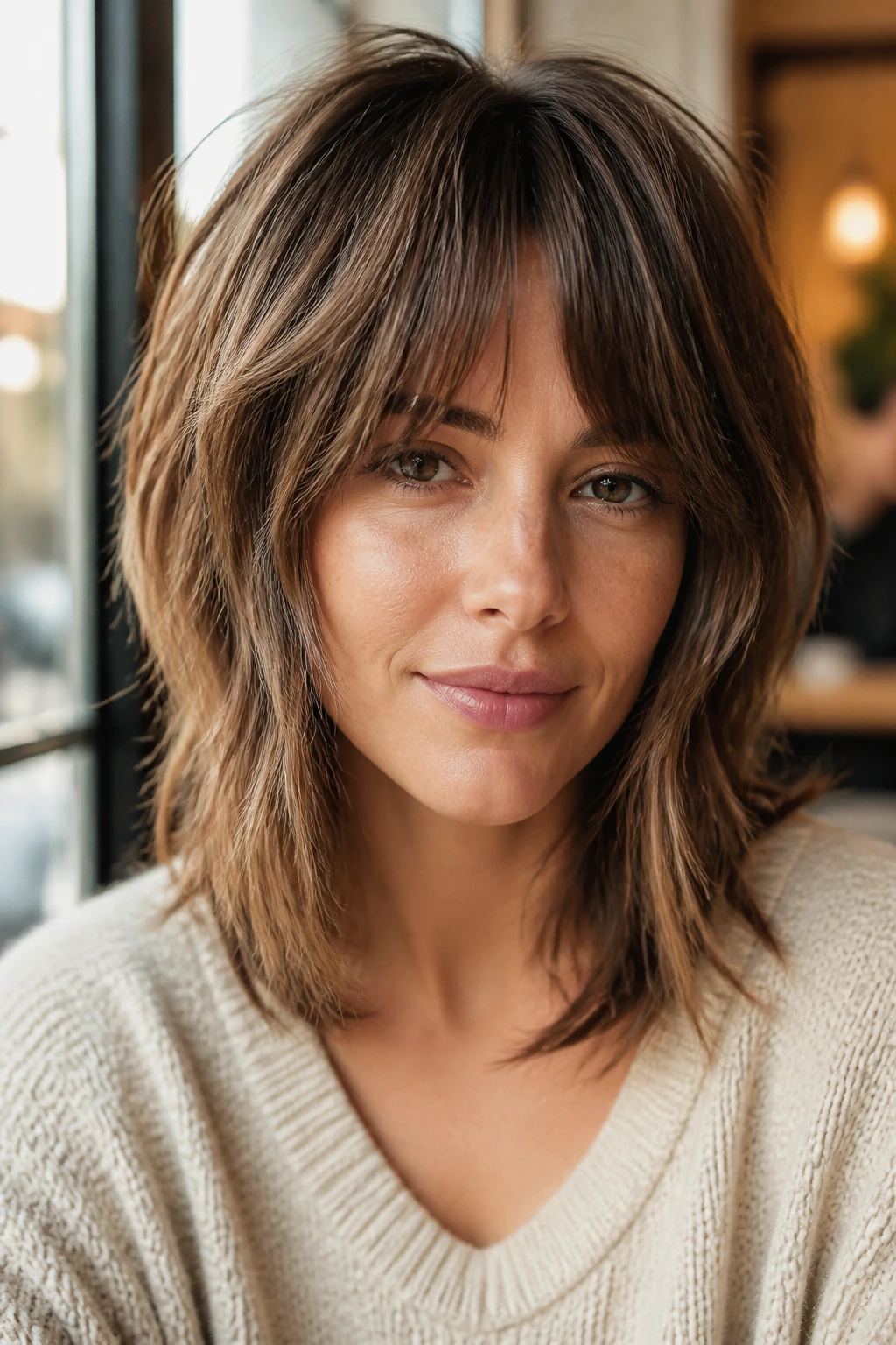 Close-up of a real woman's face with shoulder-length choppy shag framing the features