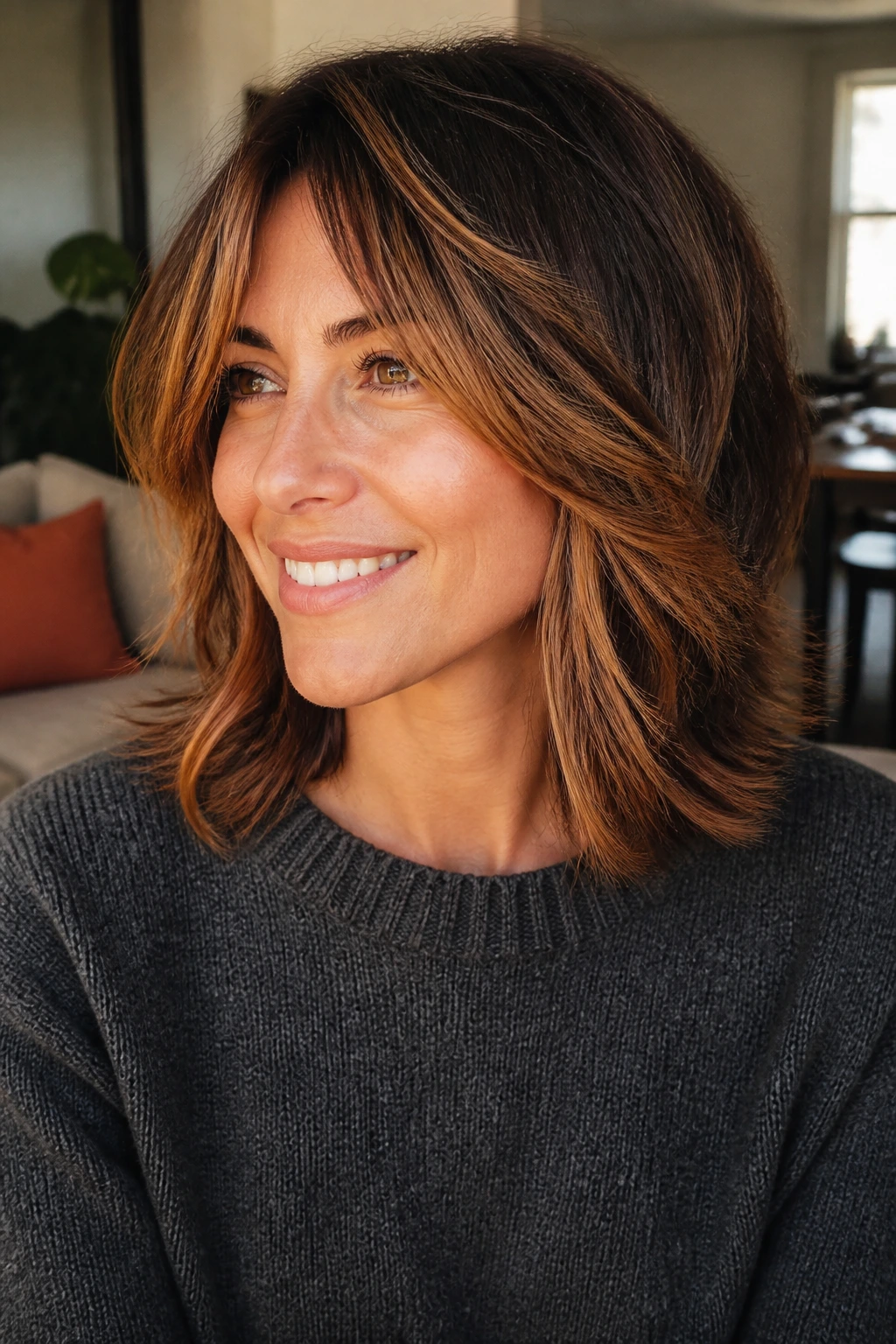 Close-up of real brunette with copper and caramel streaks in shoulder-length shag.