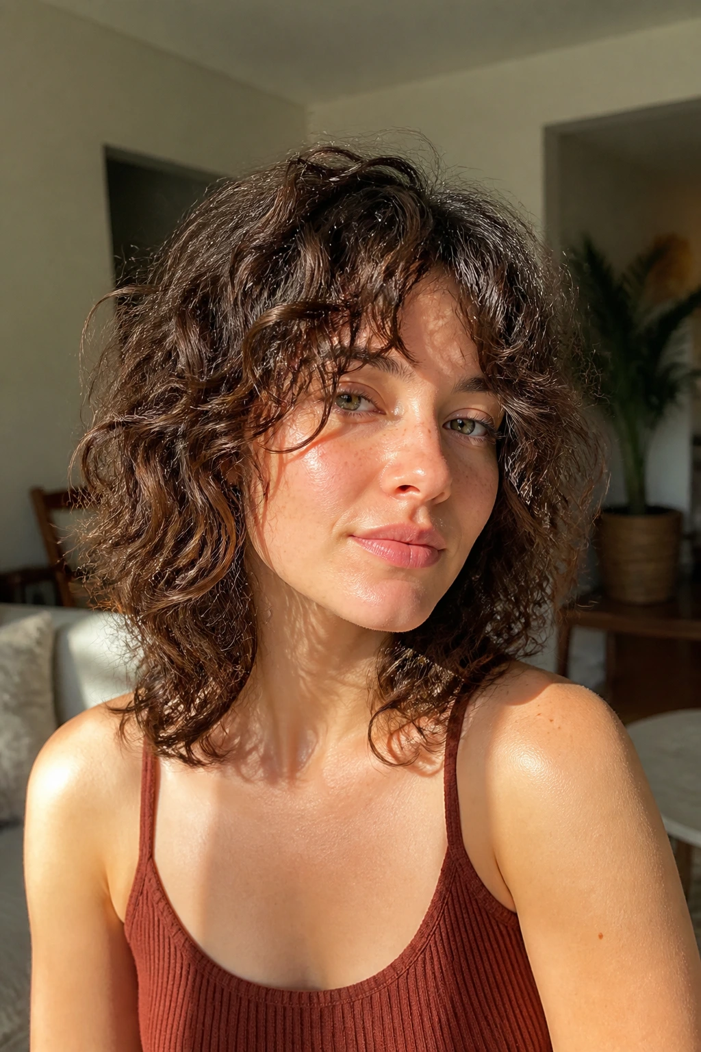 Medium close-up of a real woman with shoulder-length curly shag and soft face-framing layers