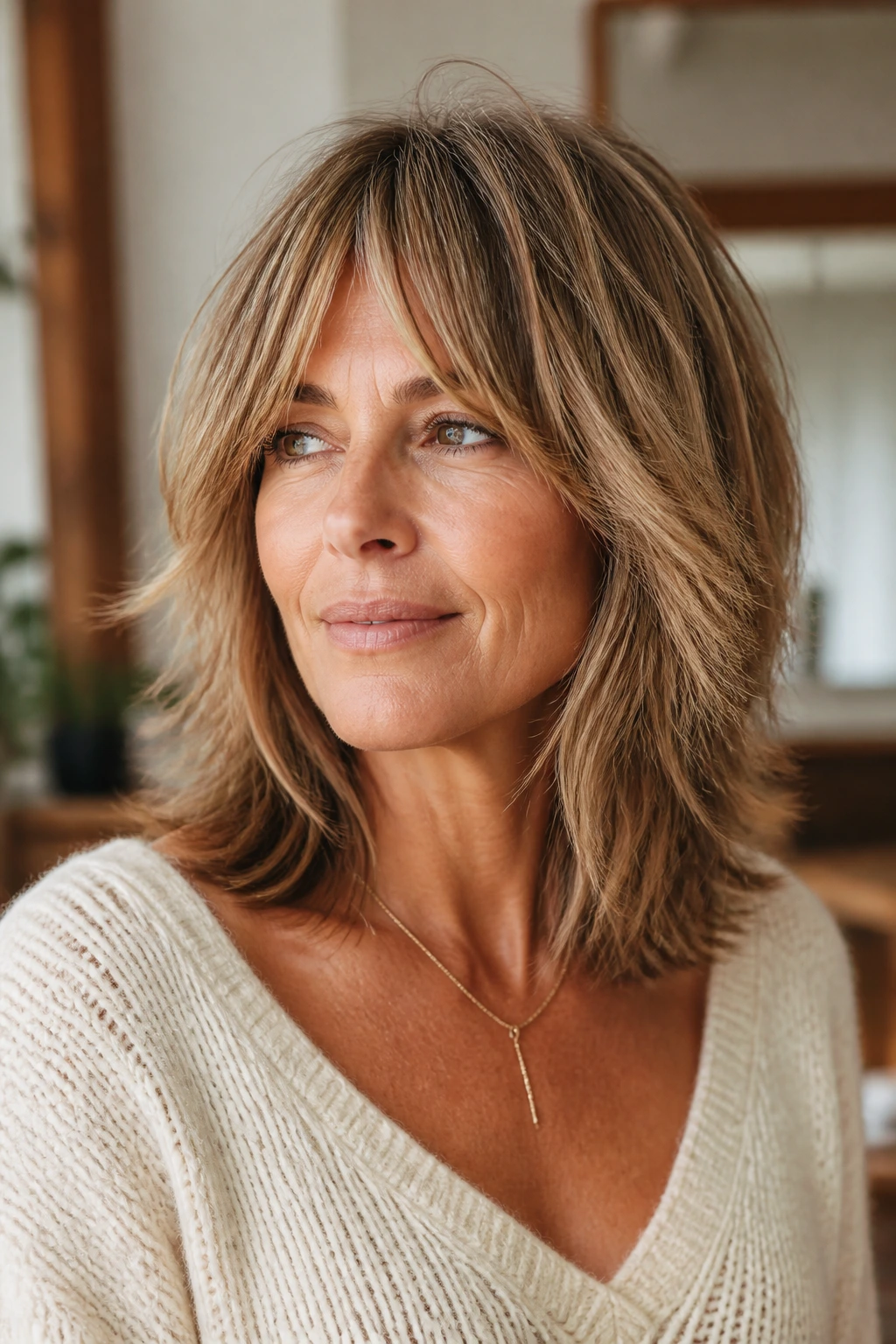Woman with shoulder-length shag and curtain bangs