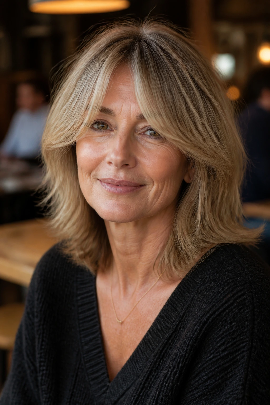 Real woman with shoulder-length shag and curtain bangs, portrait.